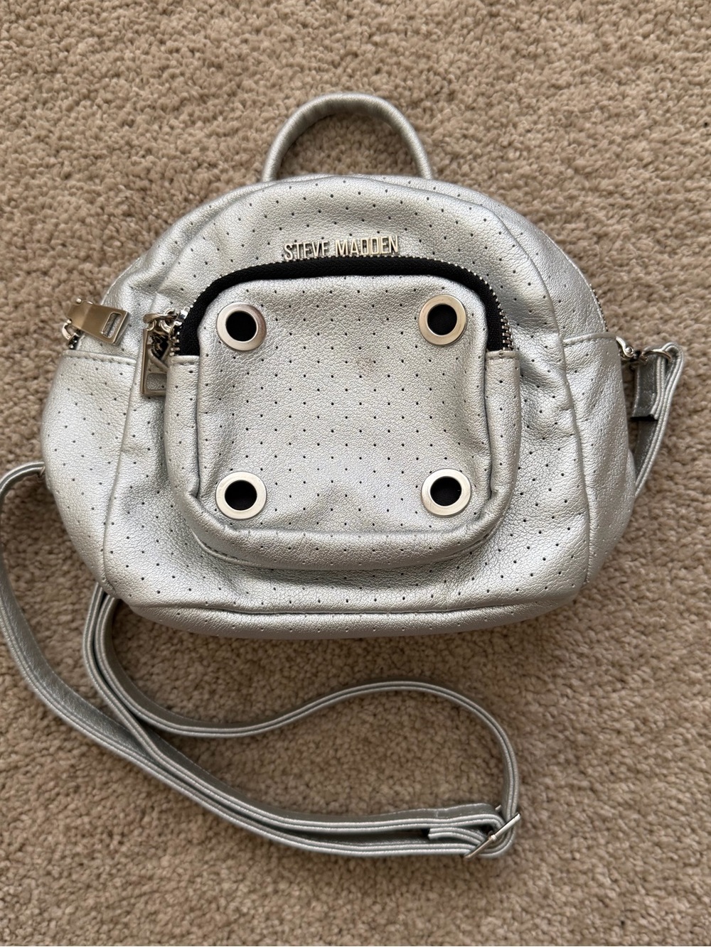 Silver micro-perforated Steve Madden mini backpack
